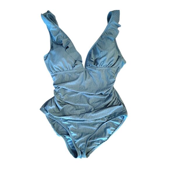 Ellen Tracy Laid Back Blue Ruffled Slimming One Piece Swimsuit Size 10 NWT - Picture 4 of 10